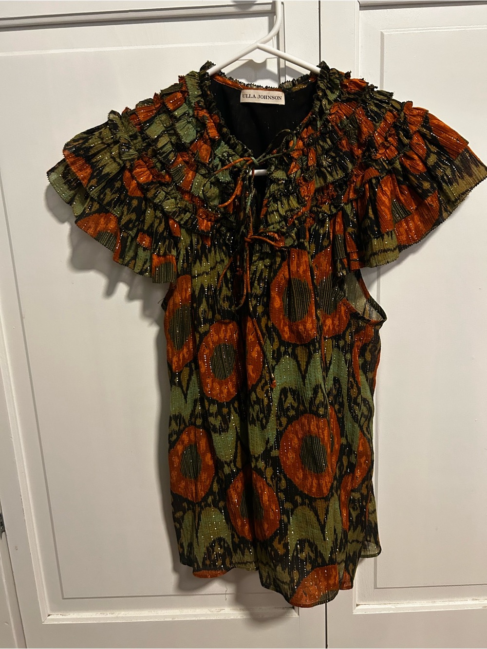 Ulla Johnson Olive & Orange Ruffle Tie-Neck Sleeveless Blouse